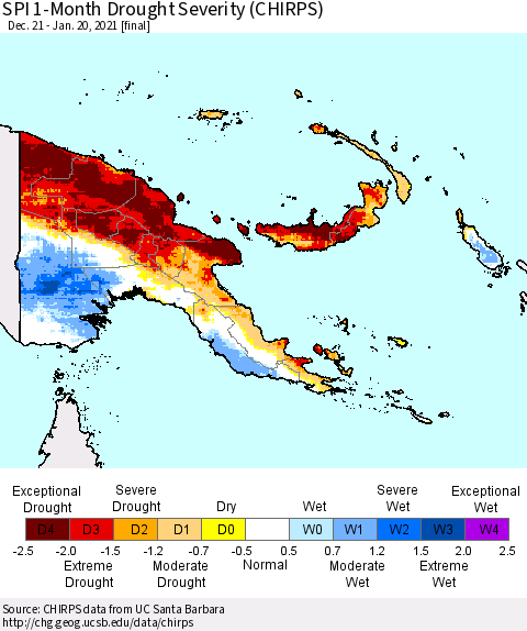 Papua New Guinea SPI 1-Month Drought Severity (CHIRPS) Thematic Map For 12/21/2020 - 1/20/2021