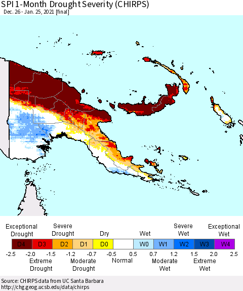 Papua New Guinea SPI 1-Month Drought Severity (CHIRPS) Thematic Map For 12/26/2020 - 1/25/2021