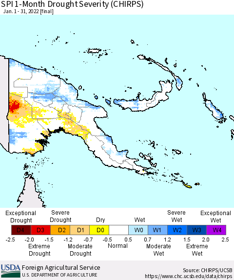 Papua New Guinea SPI 1-Month Drought Severity (CHIRPS) Thematic Map For 1/1/2022 - 1/31/2022