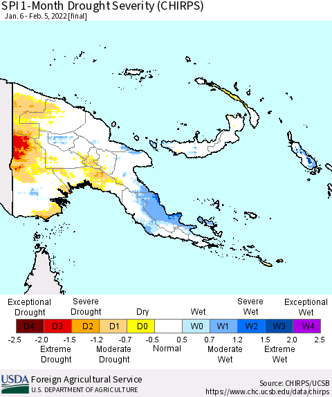 Papua New Guinea SPI 1-Month Drought Severity (CHIRPS) Thematic Map For 1/6/2022 - 2/5/2022