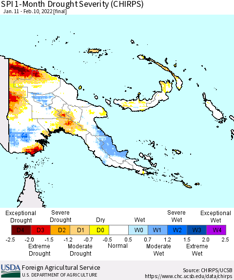 Papua New Guinea SPI 1-Month Drought Severity (CHIRPS) Thematic Map For 1/11/2022 - 2/10/2022