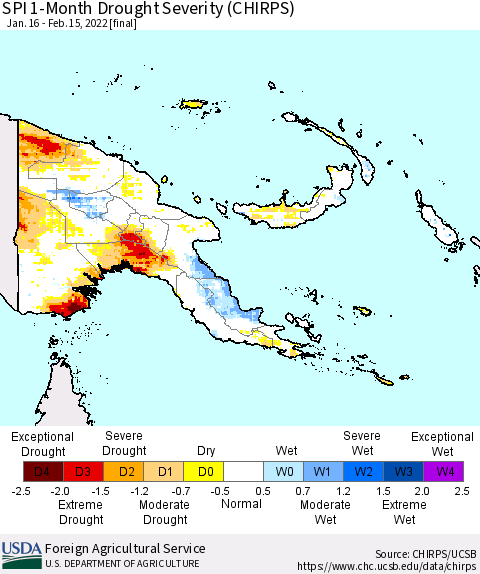 Papua New Guinea SPI 1-Month Drought Severity (CHIRPS) Thematic Map For 1/16/2022 - 2/15/2022