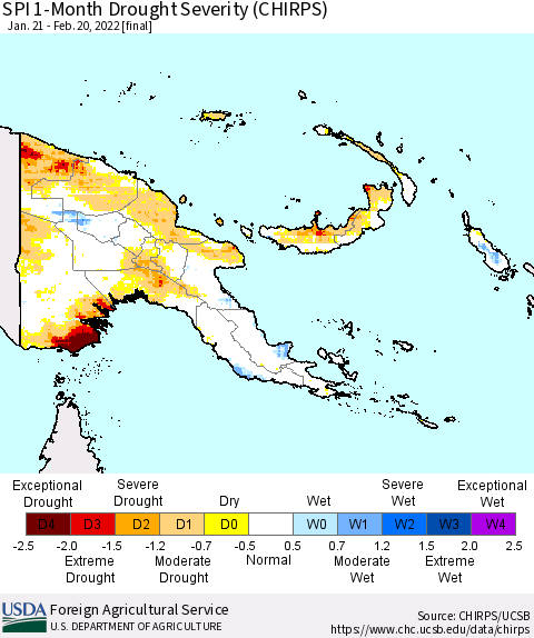 Papua New Guinea SPI 1-Month Drought Severity (CHIRPS) Thematic Map For 1/21/2022 - 2/20/2022