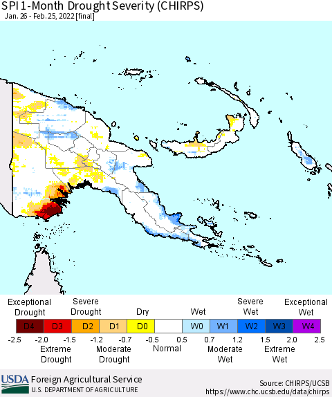 Papua New Guinea SPI 1-Month Drought Severity (CHIRPS) Thematic Map For 1/26/2022 - 2/25/2022