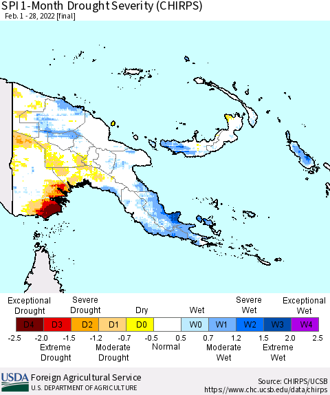 Papua New Guinea SPI 1-Month Drought Severity (CHIRPS) Thematic Map For 2/1/2022 - 2/28/2022