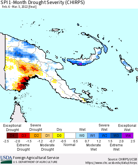 Papua New Guinea SPI 1-Month Drought Severity (CHIRPS) Thematic Map For 2/6/2022 - 3/5/2022