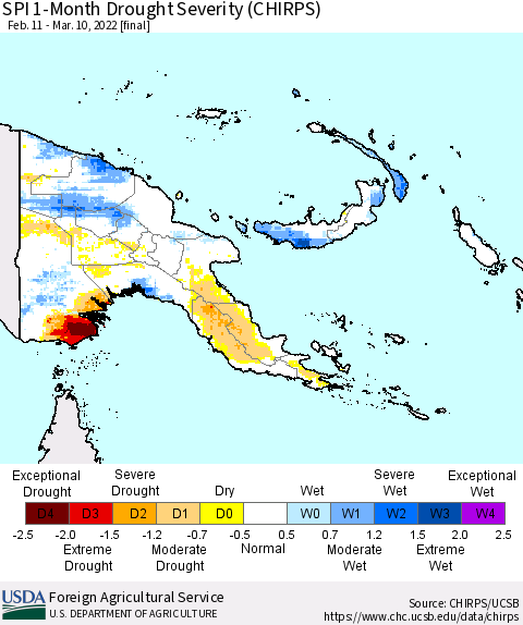 Papua New Guinea SPI 1-Month Drought Severity (CHIRPS) Thematic Map For 2/11/2022 - 3/10/2022