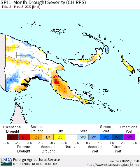 Papua New Guinea SPI 1-Month Drought Severity (CHIRPS) Thematic Map For 2/16/2022 - 3/15/2022