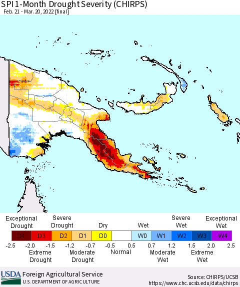Papua New Guinea SPI 1-Month Drought Severity (CHIRPS) Thematic Map For 2/21/2022 - 3/20/2022