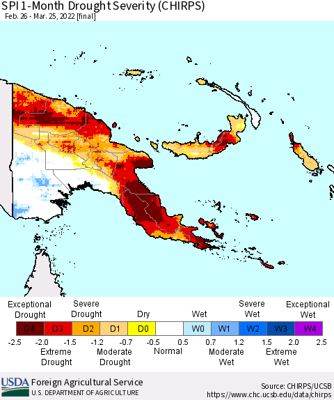 Papua New Guinea SPI 1-Month Drought Severity (CHIRPS) Thematic Map For 2/26/2022 - 3/25/2022