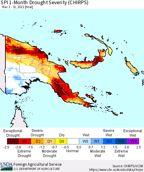 Papua New Guinea SPI 1-Month Drought Severity (CHIRPS) Thematic Map For 3/1/2022 - 3/31/2022