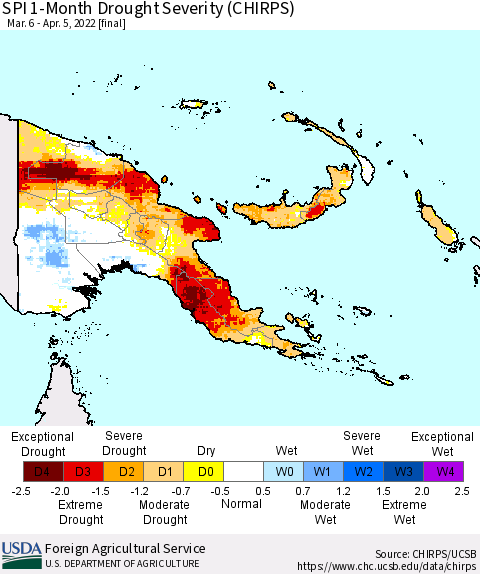 Papua New Guinea SPI 1-Month Drought Severity (CHIRPS) Thematic Map For 3/6/2022 - 4/5/2022