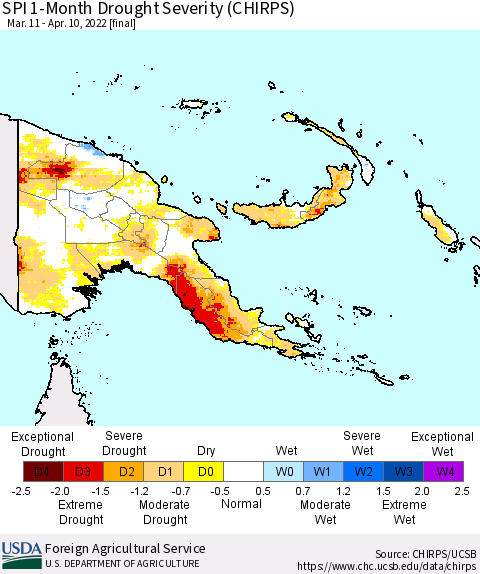Papua New Guinea SPI 1-Month Drought Severity (CHIRPS) Thematic Map For 3/11/2022 - 4/10/2022