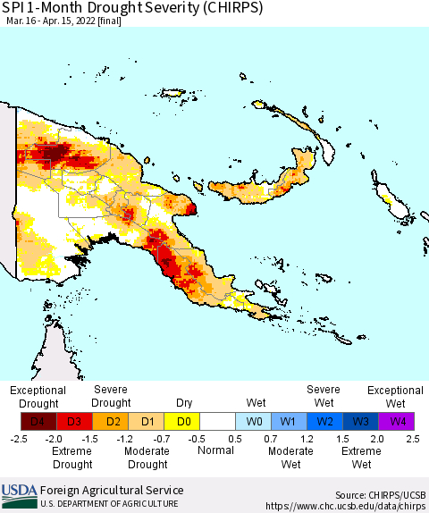 Papua New Guinea SPI 1-Month Drought Severity (CHIRPS) Thematic Map For 3/16/2022 - 4/15/2022