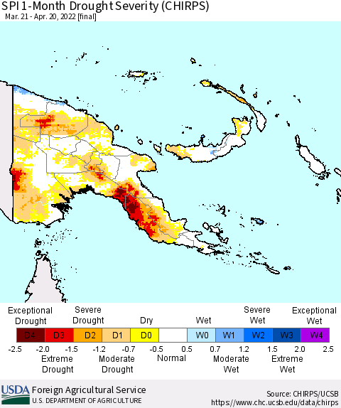 Papua New Guinea SPI 1-Month Drought Severity (CHIRPS) Thematic Map For 3/21/2022 - 4/20/2022