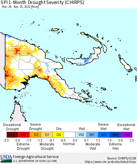 Papua New Guinea SPI 1-Month Drought Severity (CHIRPS) Thematic Map For 3/26/2022 - 4/25/2022