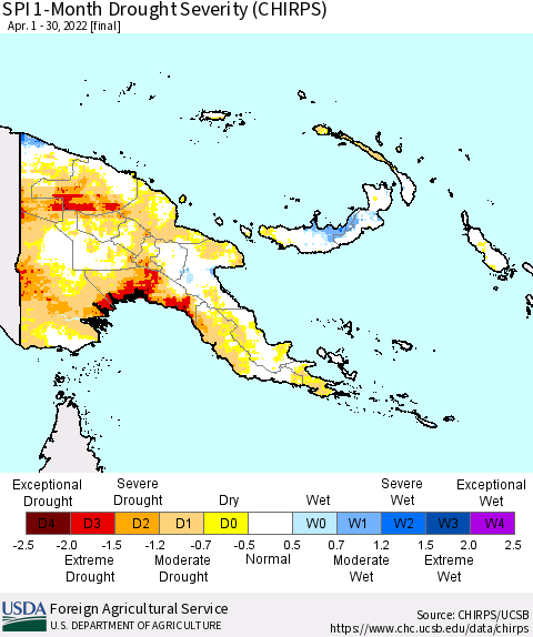 Papua New Guinea SPI 1-Month Drought Severity (CHIRPS) Thematic Map For 4/1/2022 - 4/30/2022