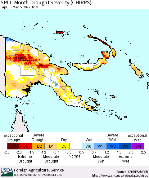 Papua New Guinea SPI 1-Month Drought Severity (CHIRPS) Thematic Map For 4/6/2022 - 5/5/2022