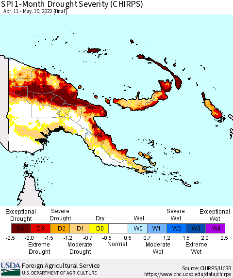 Papua New Guinea SPI 1-Month Drought Severity (CHIRPS) Thematic Map For 4/11/2022 - 5/10/2022