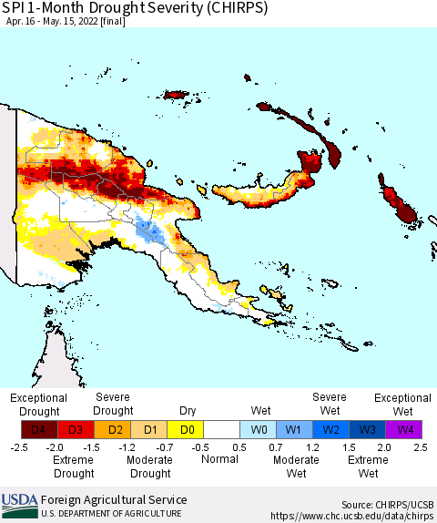 Papua New Guinea SPI 1-Month Drought Severity (CHIRPS) Thematic Map For 4/16/2022 - 5/15/2022