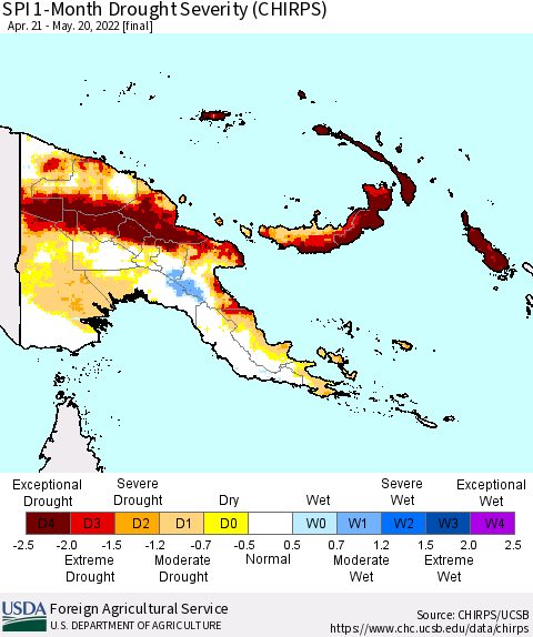 Papua New Guinea SPI 1-Month Drought Severity (CHIRPS) Thematic Map For 4/21/2022 - 5/20/2022