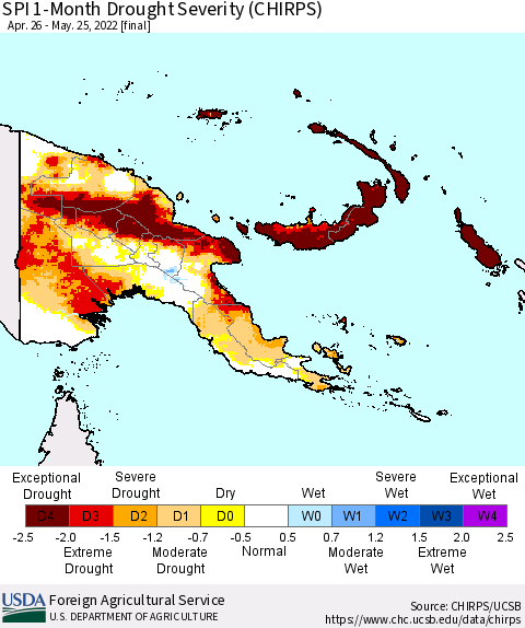 Papua New Guinea SPI 1-Month Drought Severity (CHIRPS) Thematic Map For 4/26/2022 - 5/25/2022