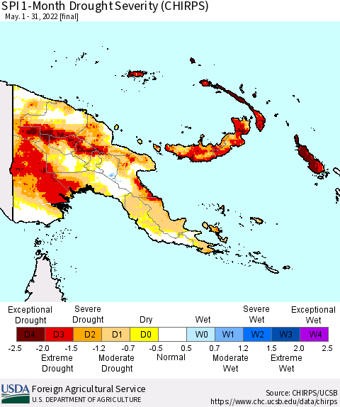 Papua New Guinea SPI 1-Month Drought Severity (CHIRPS) Thematic Map For 5/1/2022 - 5/31/2022