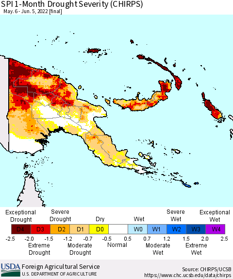 Papua New Guinea SPI 1-Month Drought Severity (CHIRPS) Thematic Map For 5/6/2022 - 6/5/2022