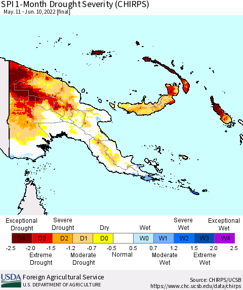 Papua New Guinea SPI 1-Month Drought Severity (CHIRPS) Thematic Map For 5/11/2022 - 6/10/2022