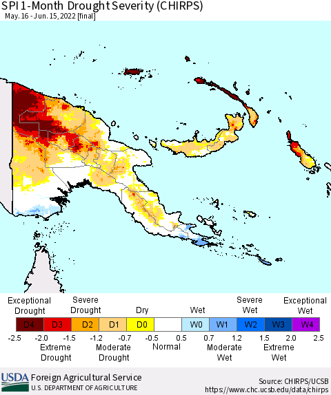 Papua New Guinea SPI 1-Month Drought Severity (CHIRPS) Thematic Map For 5/16/2022 - 6/15/2022