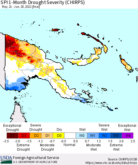 Papua New Guinea SPI 1-Month Drought Severity (CHIRPS) Thematic Map For 5/21/2022 - 6/20/2022