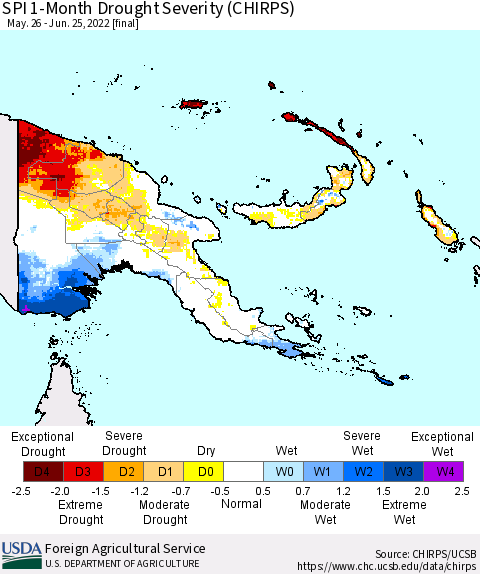 Papua New Guinea SPI 1-Month Drought Severity (CHIRPS) Thematic Map For 5/26/2022 - 6/25/2022