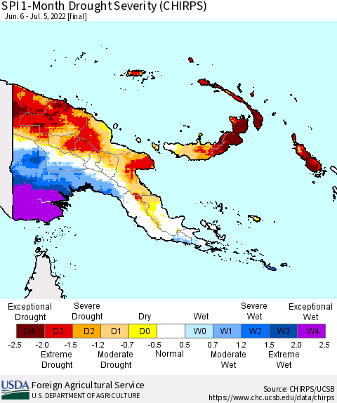 Papua New Guinea SPI 1-Month Drought Severity (CHIRPS) Thematic Map For 6/6/2022 - 7/5/2022