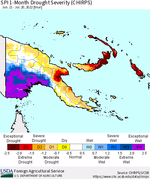 Papua New Guinea SPI 1-Month Drought Severity (CHIRPS) Thematic Map For 6/21/2022 - 7/20/2022