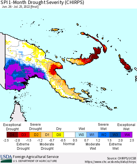Papua New Guinea SPI 1-Month Drought Severity (CHIRPS) Thematic Map For 6/26/2022 - 7/25/2022