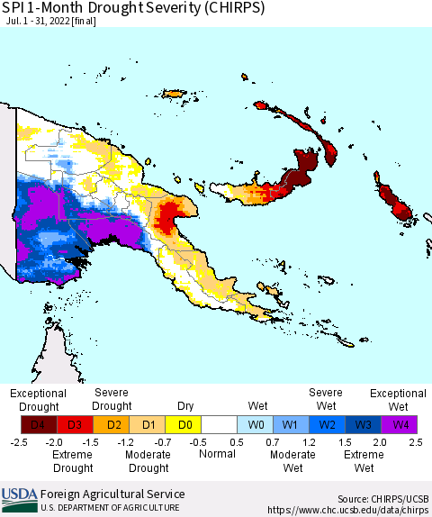 Papua New Guinea SPI 1-Month Drought Severity (CHIRPS) Thematic Map For 7/1/2022 - 7/31/2022