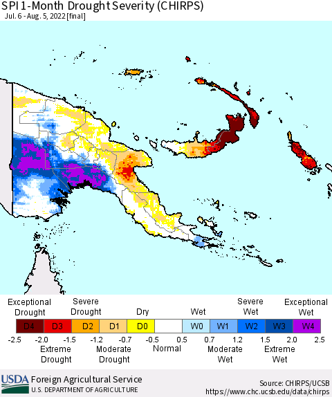 Papua New Guinea SPI 1-Month Drought Severity (CHIRPS) Thematic Map For 7/6/2022 - 8/5/2022