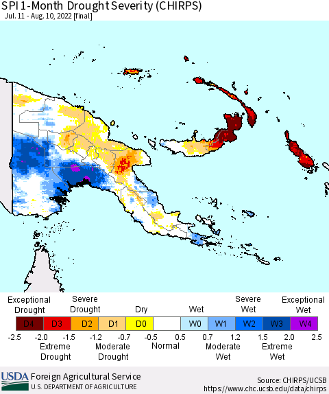 Papua New Guinea SPI 1-Month Drought Severity (CHIRPS) Thematic Map For 7/11/2022 - 8/10/2022