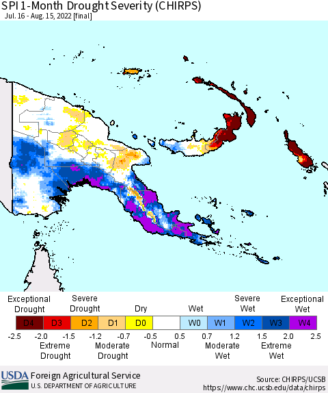 Papua New Guinea SPI 1-Month Drought Severity (CHIRPS) Thematic Map For 7/16/2022 - 8/15/2022