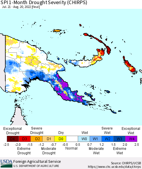 Papua New Guinea SPI 1-Month Drought Severity (CHIRPS) Thematic Map For 7/21/2022 - 8/20/2022