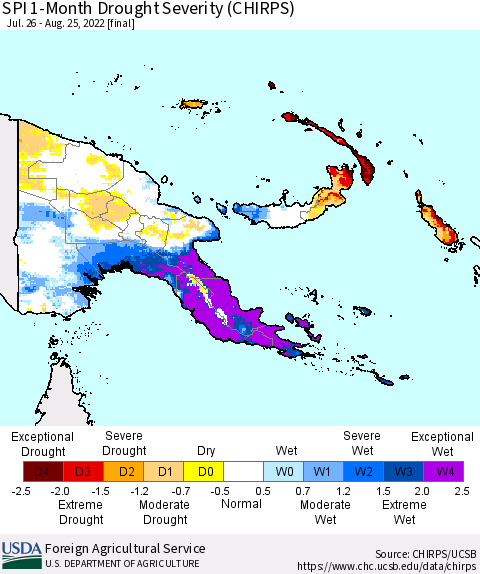 Papua New Guinea SPI 1-Month Drought Severity (CHIRPS) Thematic Map For 7/26/2022 - 8/25/2022