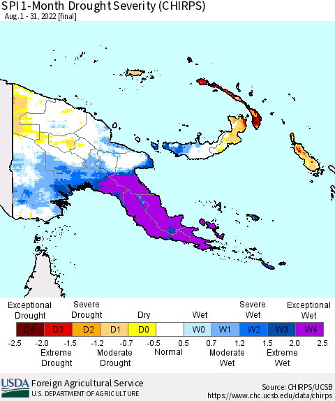 Papua New Guinea SPI 1-Month Drought Severity (CHIRPS) Thematic Map For 8/1/2022 - 8/31/2022