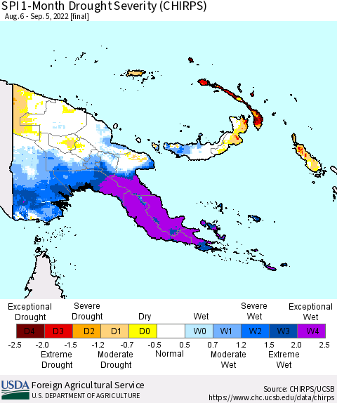 Papua New Guinea SPI 1-Month Drought Severity (CHIRPS) Thematic Map For 8/6/2022 - 9/5/2022