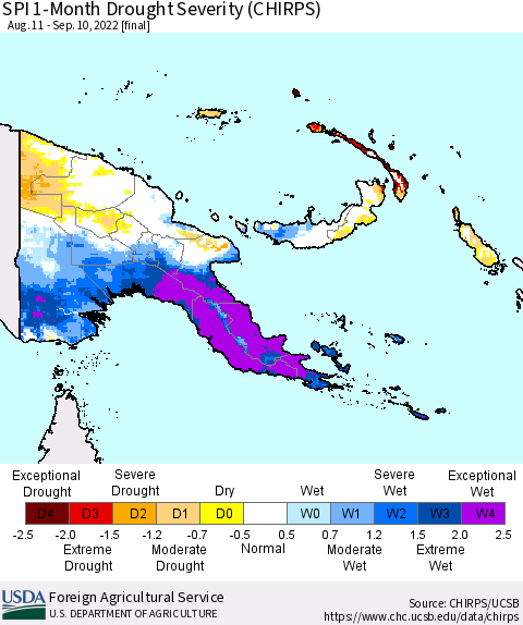 Papua New Guinea SPI 1-Month Drought Severity (CHIRPS) Thematic Map For 8/11/2022 - 9/10/2022