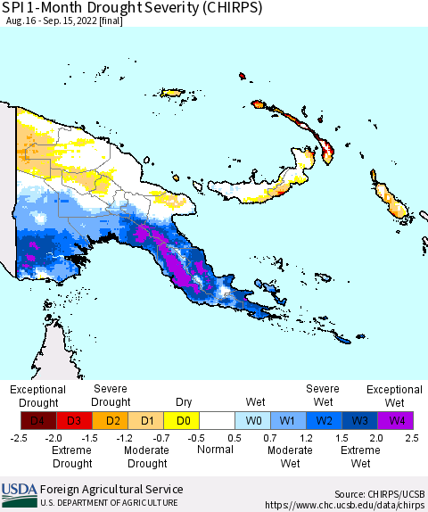 Papua New Guinea SPI 1-Month Drought Severity (CHIRPS) Thematic Map For 8/16/2022 - 9/15/2022