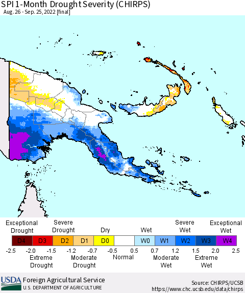 Papua New Guinea SPI 1-Month Drought Severity (CHIRPS) Thematic Map For 8/26/2022 - 9/25/2022