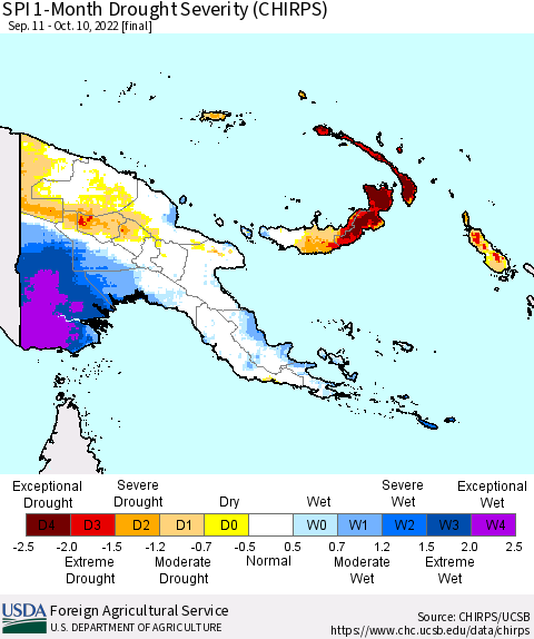 Papua New Guinea SPI 1-Month Drought Severity (CHIRPS) Thematic Map For 9/11/2022 - 10/10/2022
