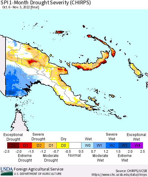 Papua New Guinea SPI 1-Month Drought Severity (CHIRPS) Thematic Map For 10/6/2022 - 11/5/2022