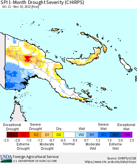 Papua New Guinea SPI 1-Month Drought Severity (CHIRPS) Thematic Map For 10/11/2022 - 11/10/2022