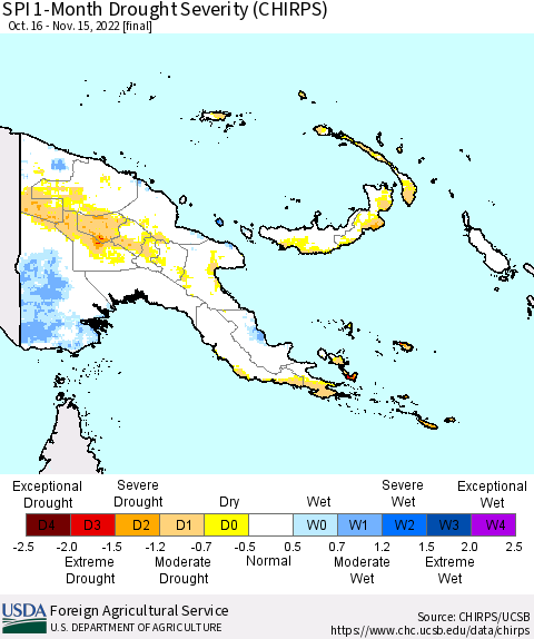 Papua New Guinea SPI 1-Month Drought Severity (CHIRPS) Thematic Map For 10/16/2022 - 11/15/2022